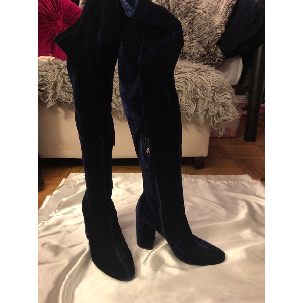 Over the knee Zara stretch velvet navy blue boots